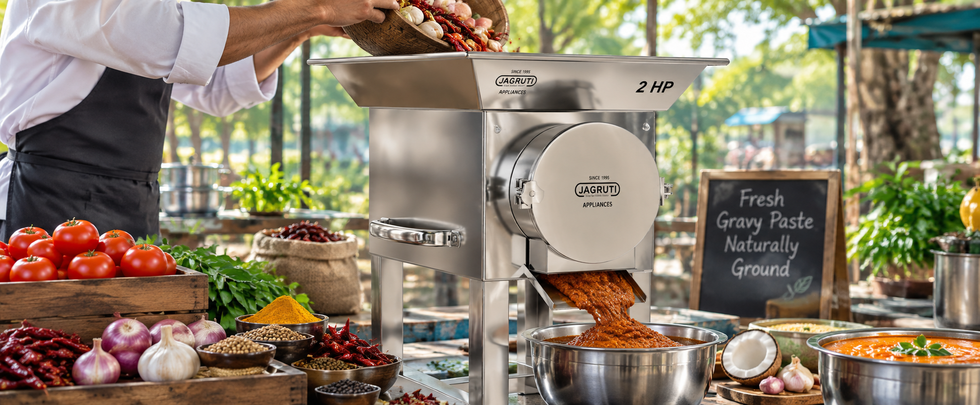 Jagruti food processing machine at work in a commercial kitchen
