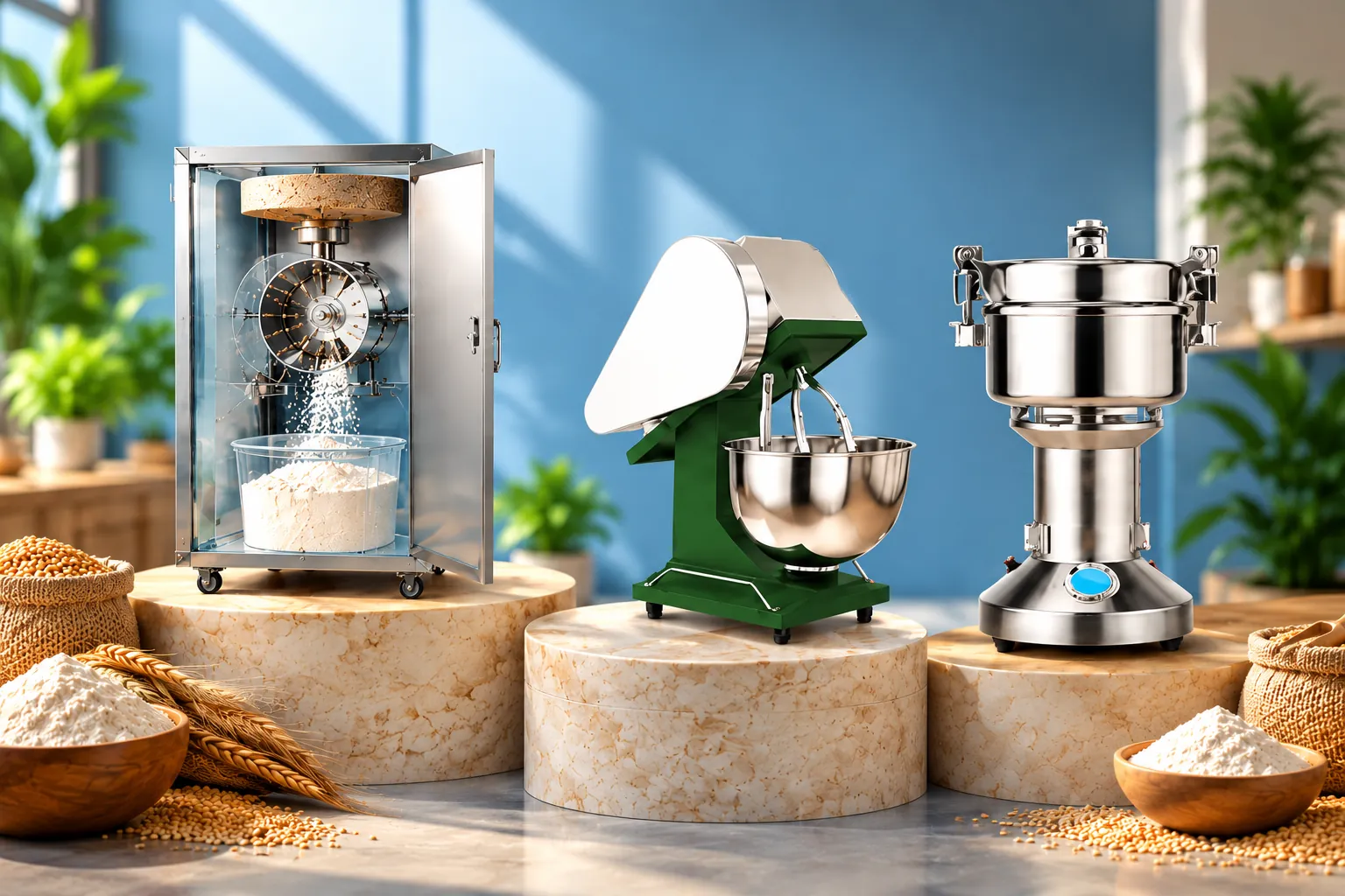 Jagruti flour mill, dough kneader and pulverizer shown side by side