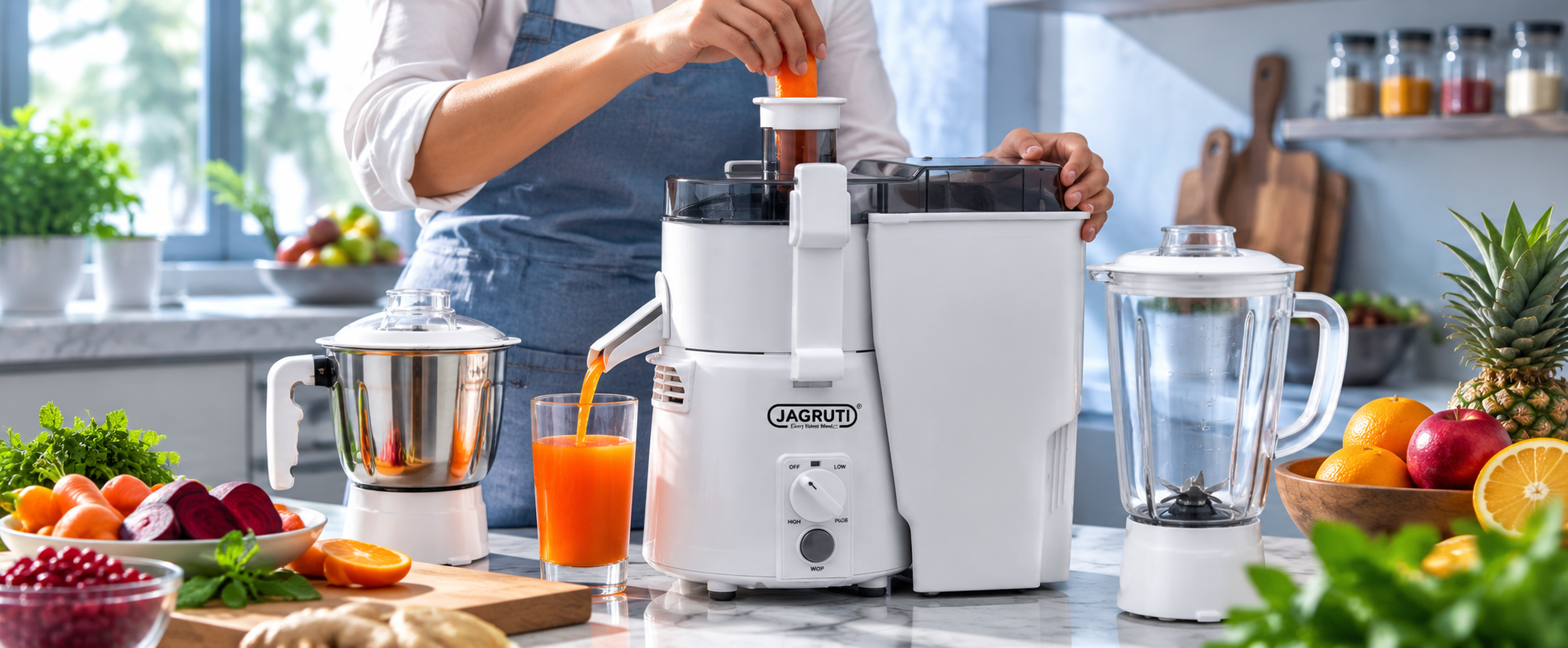 Jagruti mixer grinder and kitchen appliances on an Indian kitchen counter
