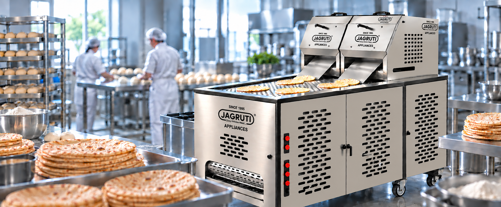 Jagruti automatic roti making machine baking chapatis on a stainless steel conveyor