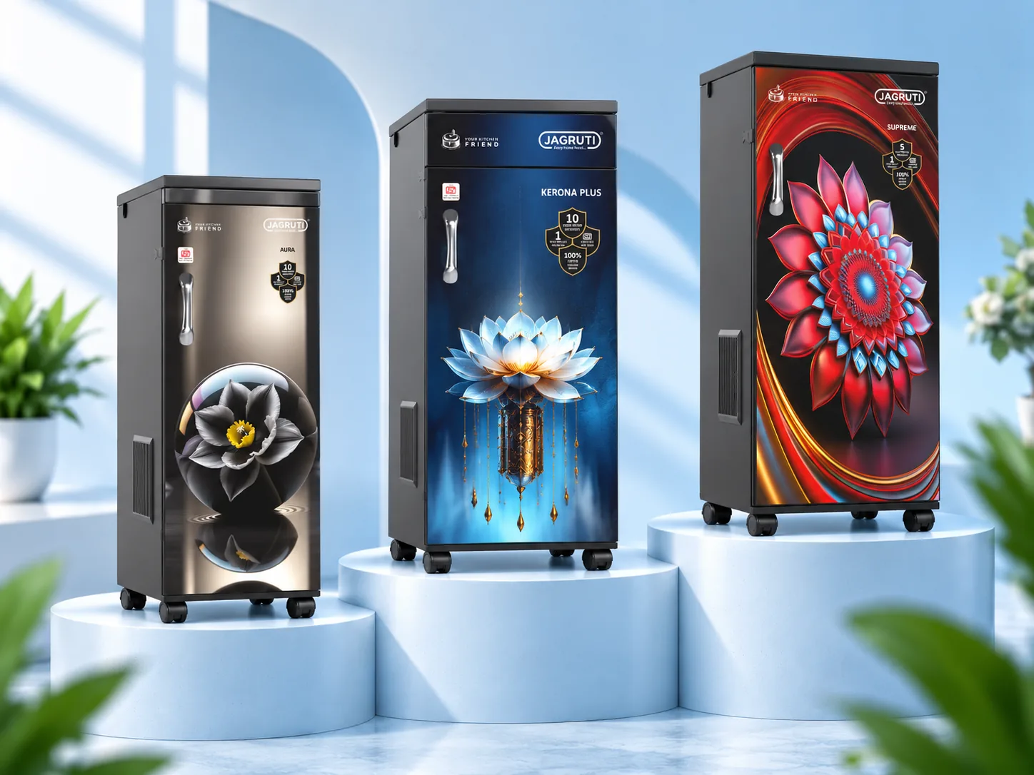 Jagruti Aura, Kerona Plus and Supreme flour mills on display plinths