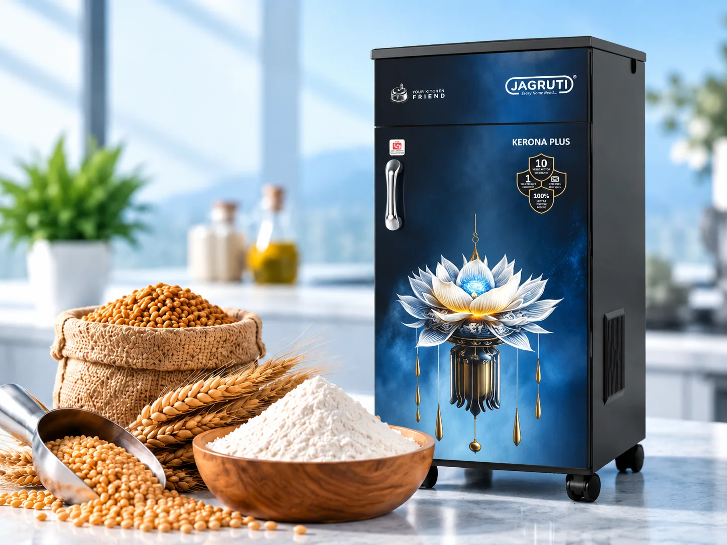 Jagruti flour mill on a kitchen counter beside wheat grain and fresh flour