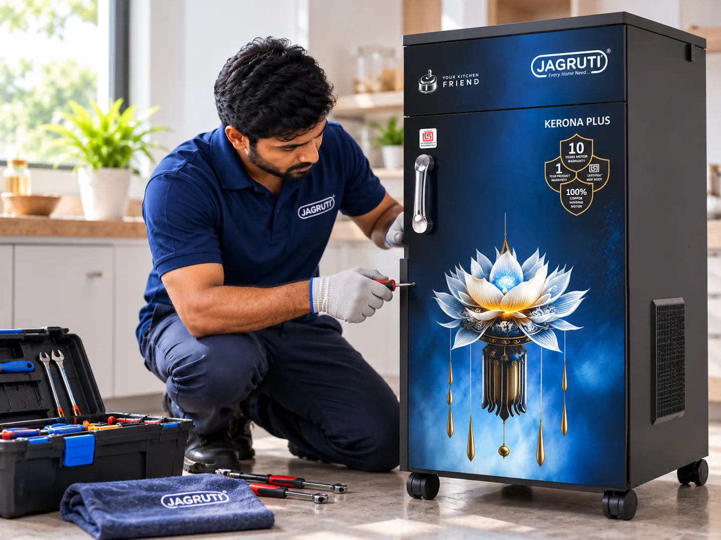 Jagruti service technician servicing a Kerona Plus flour mill at a customer's home