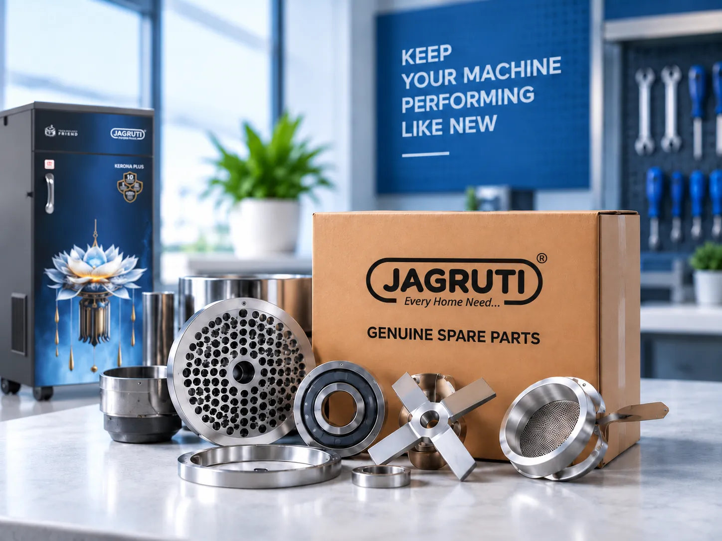 Genuine Jagruti spare parts — sieves, blades and bearings — beside a branded parts box